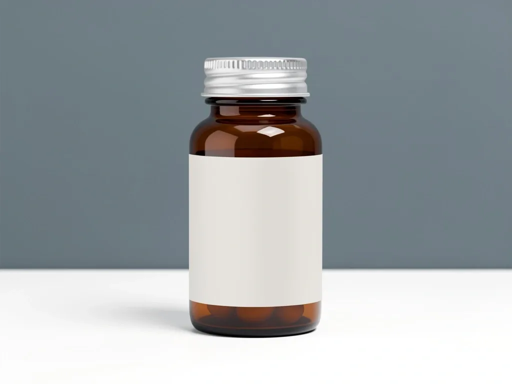 A single amber supplement bottle on a clean studio surface