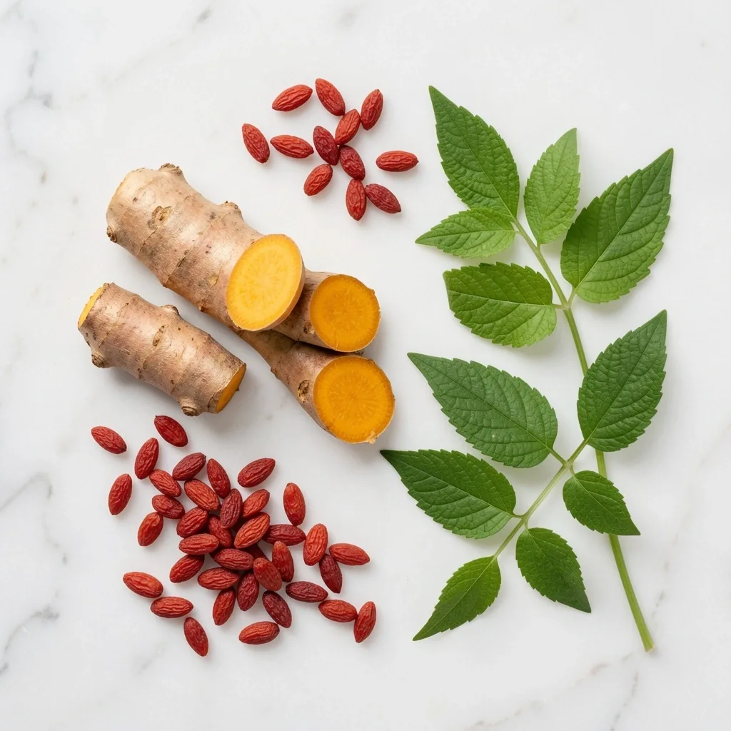 Natural plant-based supplement ingredients arranged on a clean surface