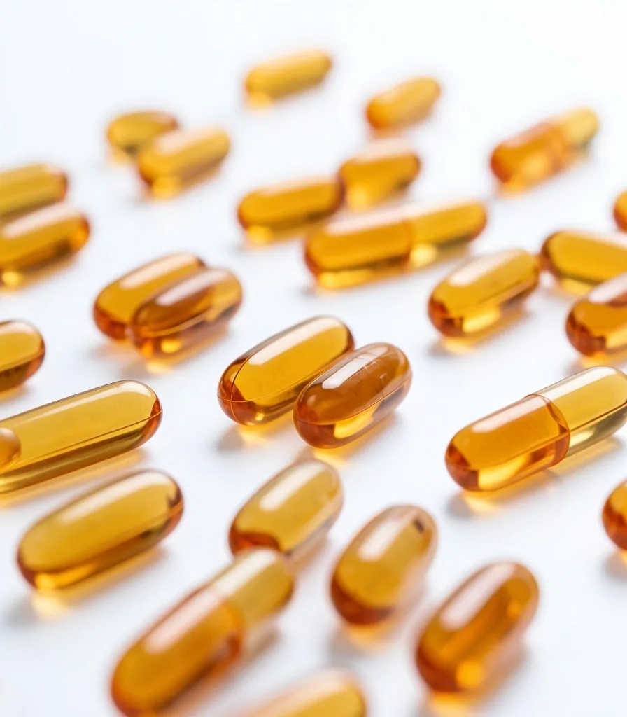 Supplement capsules on a clinical white surface
